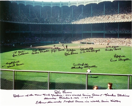 Don Larson Signed and Mutli-Inscribed Photo from Game 5 of the 1956 World Series - Filled out Yankees Defense with Inscription (Beckett)